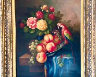 $400; 33 x 39; original painting of parrot and botanicals in gold frame