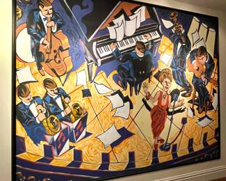 $1000; 9' x 7'; original, commissioned jazz painting by local artist, M. Anderson circa 2002, on canvas and stapled and framed to wall; original cost $10,000; buyer needs to remove