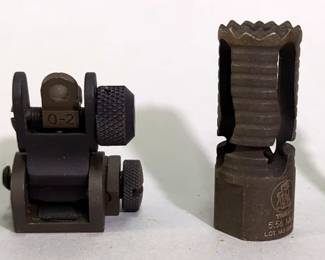 AR-15 Parts, Includes Heckler & Koch MP5 Rear Stock Sling Pin (Original 1990s German Made), Troy Industries AR-15 Medieval Flash Hider, Yankee Hill AR-15 Metal Rear Sight, Garand Clip, And 1 Stock And 1 Forearm Pin For Heckler & Koch MP5 Original Equipment