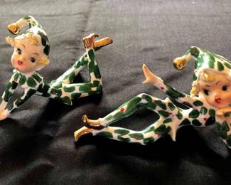 Vintage Pair of Lefton Holly Berry Pixie Elves with Original Label.