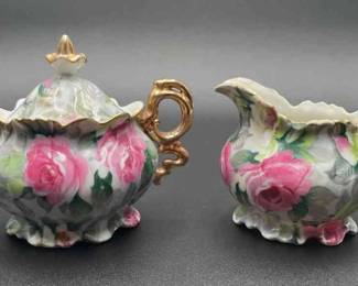 Hand Painted Creamer And Sugar Bowl With Lid With Scalloped Rim And Golden Handles ,