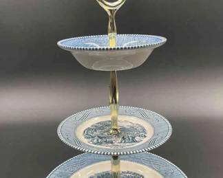 COURIER IVES 3 Tier Royal Ironstone Food Server