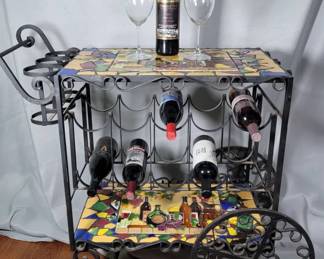 Vintage Wrought Iron And Ceramic Wine Rack Cart