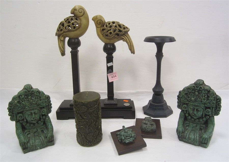 CONTEMPORARY DECOR: TWO BIRDS ON PEDESTALS, CANDLE HOLDER, AZTEC BOOKENDS, AZTEC PLAQUES, AND CANDLE