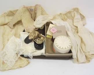  ANTIQUE BABY CLOTHES, SHOES. HANKIES, OLD ELECTRIC SHAVER