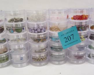 BEADS AND RHINESTONES INCLUDES CASE WITH CANISTERS. FACETED GLASS, PERIDOT, ROCK QUARTZ, DYED FRESH WATER PEARLS, TURQUOISE, EMERALDS, RUBIES, GARNETS