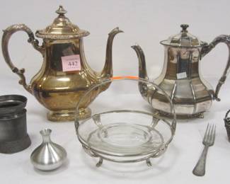 SILVER PLATE: TWO COFFEE SERVERS, BASKET WITH GLASS INSERT, ATHEISTIC MOVEMENT CUP 