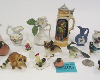MINIATURES: ANIMALS, PITCHERS, BELL. THE STEIN IS MARKED GERMANY