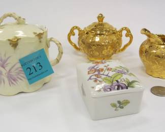 PORCELAIN: HANDPAINTED GOLD CREAMER/SUGAR, GERMAN SUGAR BOWL, AND LIMOGES FRANCE SMALL LIDDED TRINKET BOX