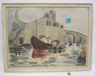 HELEN MARING FRAMED WATERCOLOR OF FISHING BOATS