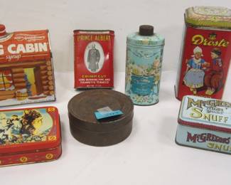 VINTAGE TINS: LOG CABIN SYRUP, PRINCE ALBERT, SNUFF, DROSTE COOKIES, AND MORE. WIZARD OF OZ TIN HAS PLAYING CARDS
