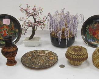 PAIR OF COLLECTOR PLATES, MIXED METALS PLATE, TWO SW SMALL BASKET, WEEPING TREE DISPLAY, SMALL STONE TREE AND MORE