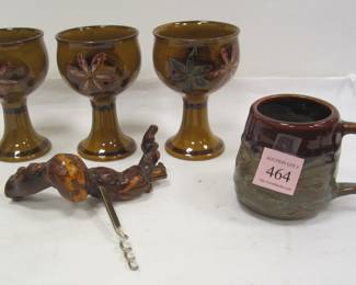 MID CENTURY POTTERY STEMS, STUDIO POTTERY CUP, AND WOOD WINE BOTTLE OPENER