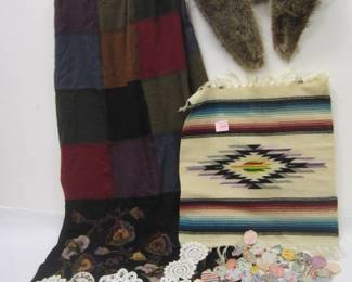TEXTILES: FUR COLLAR, SMALL SW MAT, AND HAND MADE SCARF (HAS ONE HOLE ON EDGE), BOTTLE CAP QUILT SQUARE, AND LACE
TEXTILES: FUR COLLAR, SMALL SW MAT, AND HAND MADE SCARF (HAS ONE HOLE ON EDGE), BOTTLE CAP QUILT SQUARE, AND LACE