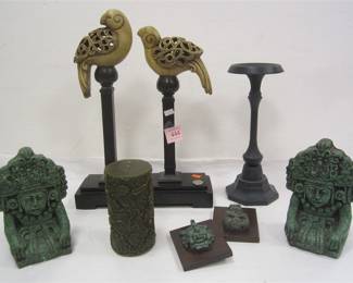 CONTEMPORARY DECOR: TWO BIRDS ON PEDESTALS, CANDLE HOLDER, AZTEC BOOKENDS, AZTEC PLAQUES, AND CANDLE