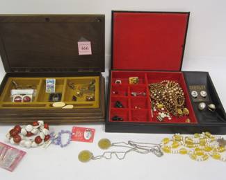  COSTUME JEWELRY, PARTS AND TWO MEN'S JEWELRY BOXES