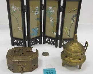 BRASS BOX, BRASS INCENSE BURNER WITH LID, AND SMALL FOLDING DESK TOP CHINESE SCREEN