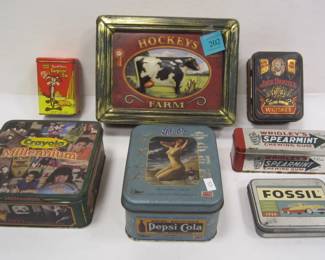 TINS: CRAYOLA WITH CRAYONS, PEPSI WITH TRADING CARDS, OTHER TINS ARE EMPTY