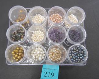 JEWELRY BEADS IN ORGANIZER. FRESH WATER PEARLS, AMETHYST, MURANO GLASS, GOLDEN RHINESTONES