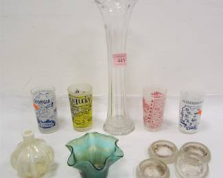 GLASS WARES:  DRAWN VASE, TUMBLERS, PERFUME NO STOPPER, FURNITURE COASTERS, SMALL IRIDESCENT VASE INSIDE WEAR FROM USE