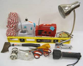 HACHET, LEVEL, FLASHLIGHT, STAPLE GUN. GOOSE NECK LAMP, ROPE, PORTABLE RADIO 