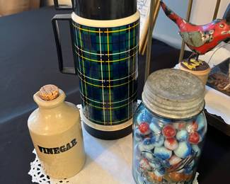 Jar marbles 
Crock vinegar 
Vintage plaid thermos 