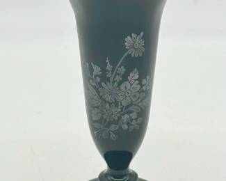 Vintage Black Amethyst Glass Trumpet Bud Vase W/Silver Flowers Possible LE Smith