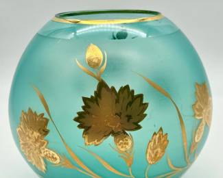 Vintage Blue Crystal Fish Bowl 8” Globe Vase W/Beautiful Gold Gilt Flowers
