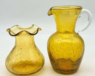 (2) Vintage Amber Crackle Glass Vases