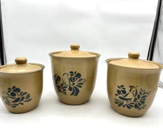 (3) Pfaltzgraff Folk Art Stoneware Crocks With Lids