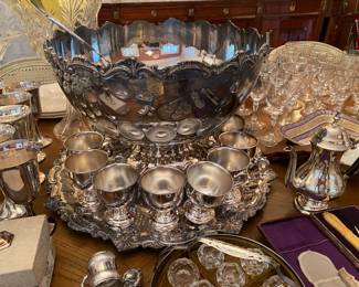 Amazing silver plated punch bowl with silver cups