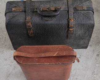 Antique leather suitcase and multi Thermos holder