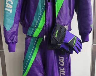 Original vintage leather Arctic jacket and snow pants with matching gloves in excellent condition a rare find