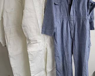 Vintage White herringbone and blue herringbone overalls