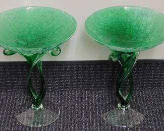 Matching large contemporary art glass compotes