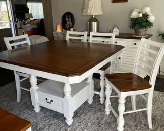 $595 Haverty's square dining table and 6 chairs. Table 55x55x36, Chairs 19" across seat, 24" H to seat and 42" H at back