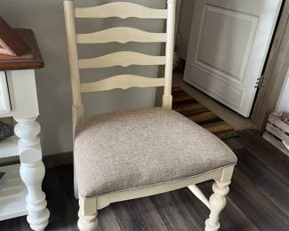 $90 Wooden ladder-back cushioned chair. Seat 23Wx18H, back 46H