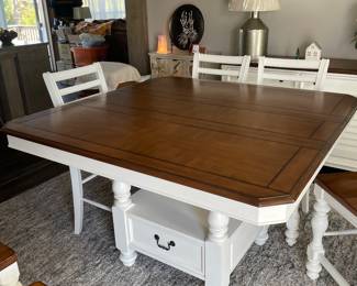 $595 Haverty's square dining table and 6 chairs. Table 55x55x36, Chairs 19" across seat, 24" H to seat and 42" H at back