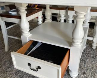 $595 Haverty's square dining table and 6 chairs. Table 55x55x36, Chairs 19" across seat, 24" H to seat and 42" H at back