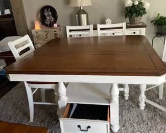 $595 Haverty's square dining table and 6 chairs. Table 55x55x36, Chairs 19" across seat, 24" H to seat and 42" H at back