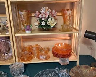 Fancy close-up #3 (mostly Jeanette Carnival glass in the Iris Marigold color)