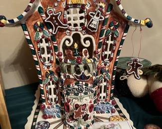 I felt the need to highlight this piece because it's so unique & special. Blue Sky Ceramics Deluxe Musical Gingerbread House Votive by Heather Goldminc (we have some other smaller pieces by this artist as well)