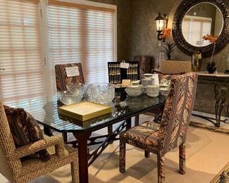 Asian style dining table with standard ogee edge glass table top and 8 chairs