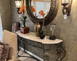 Marble top demilune console table with iron legs measurements: 66” w x 33.5” h x 18” d