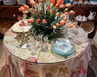 36” skirted side table with glass top and cafe table base