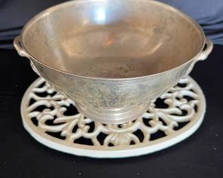 Vintage Silver Plated Bowl Cast Iron Trivet