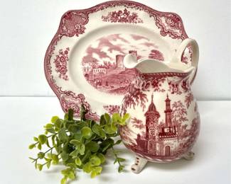 Vintage Red and White Ironstone Pitcher and Plate
