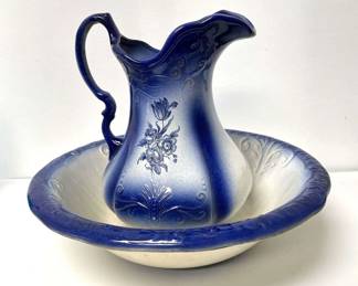 Antique Ironstone Blue and White Pitcher & Bowl
