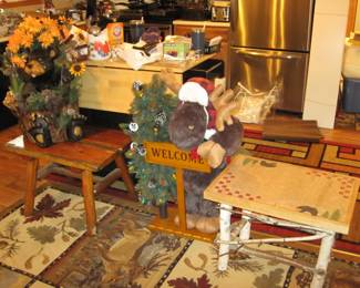 Wood "Small Picnic Style" End Table by Moon Valley, Bear with Flowers, Moose "Welcome"- Moose Greeter, Birch and Bear Side Table  