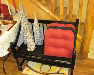 Black Wood Bench, Frosted Tree Trio Decorations, Cushions
